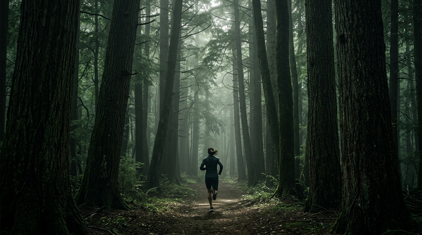 Trail runner in misty forest